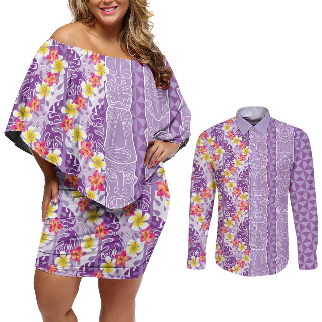 Lush Lilac Aloha Hawaii Tiki Couples Matching Off Shoulder Short Dress and Long Sleeve Button Shirt Tropical Plumeria - Seamless Style