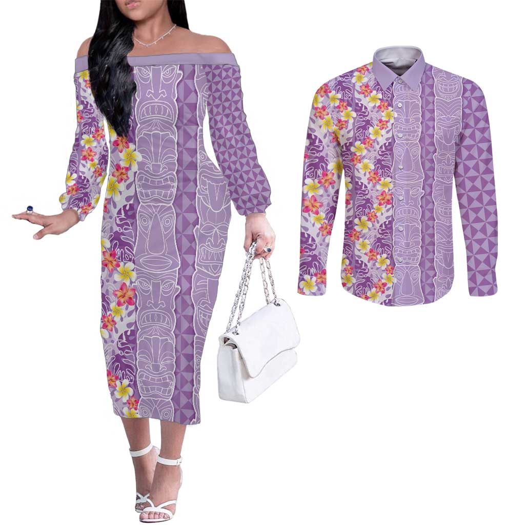 Lush Lilac Aloha Hawaii Tiki Couples Matching Off The Shoulder Long Sleeve Dress and Long Sleeve Button Shirt Tropical Plumeria - Seamless Style