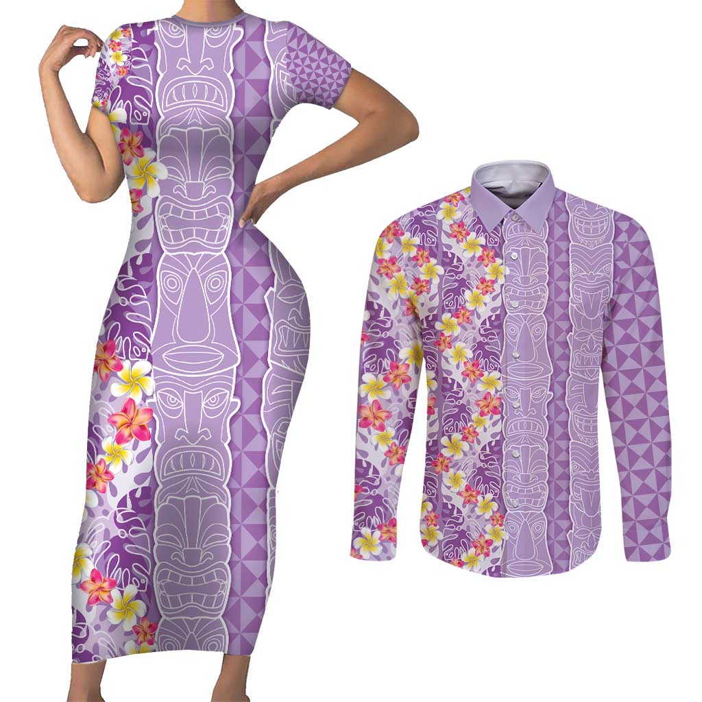 Lush Lilac Aloha Hawaii Tiki Couples Matching Short Sleeve Bodycon Dress and Long Sleeve Button Shirt Tropical Plumeria - Seamless Style