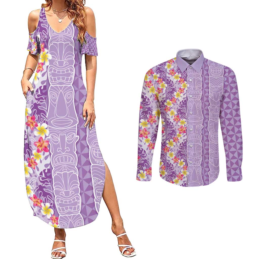 Lush Lilac Aloha Hawaii Tiki Couples Matching Summer Maxi Dress and Long Sleeve Button Shirt Tropical Plumeria - Seamless Style