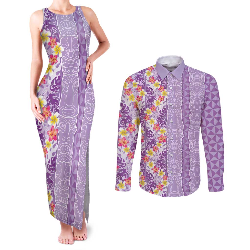 Lush Lilac Aloha Hawaii Tiki Couples Matching Tank Maxi Dress and Long Sleeve Button Shirt Tropical Plumeria - Seamless Style