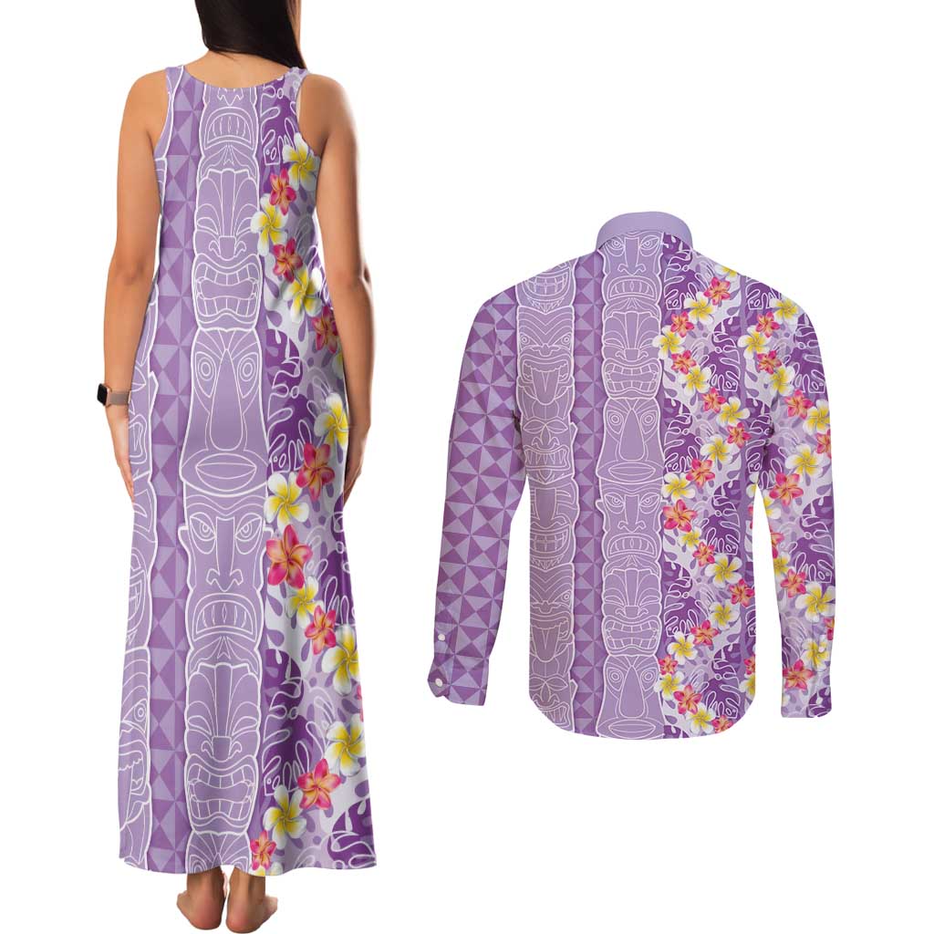 Lush Lilac Aloha Hawaii Tiki Couples Matching Tank Maxi Dress and Long Sleeve Button Shirt Tropical Plumeria - Seamless Style