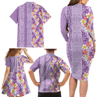 Lush Lilac Aloha Hawaii Tiki Family Matching Long Sleeve Bodycon Dress and Hawaiian Shirt Tropical Plumeria - Seamless Style