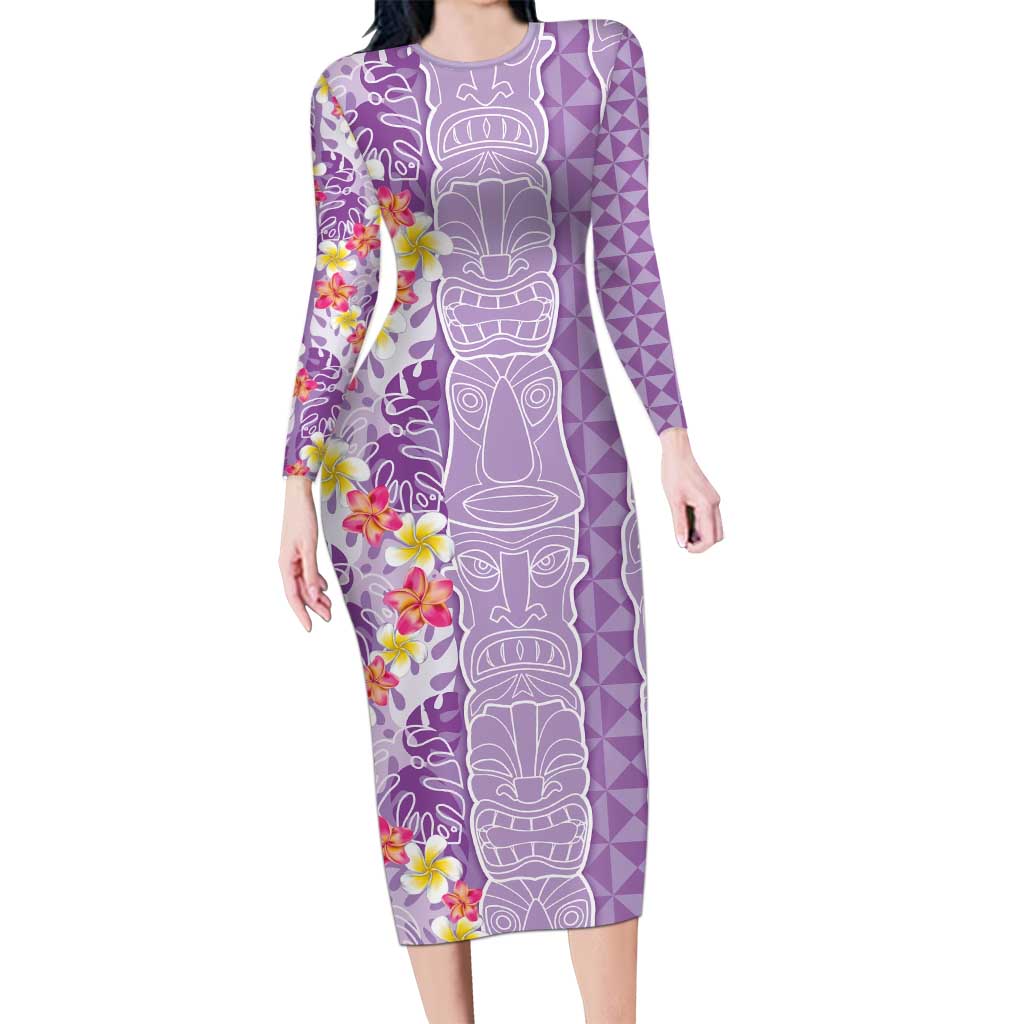 Lush Lilac Aloha Hawaii Tiki Long Sleeve Bodycon Dress Tropical Plumeria - Seamless Style