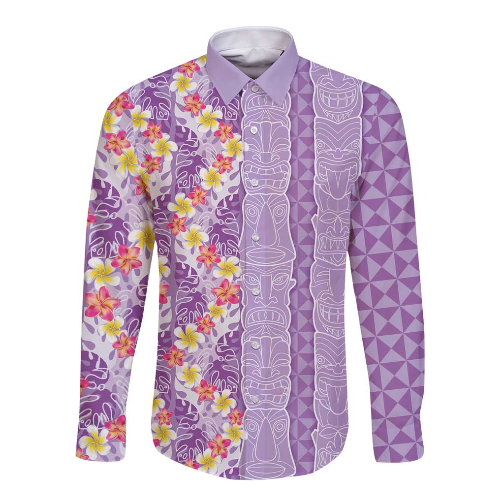 Lush Lilac Aloha Hawaii Tiki Long Sleeve Button Shirt Tropical Plumeria - Seamless Style