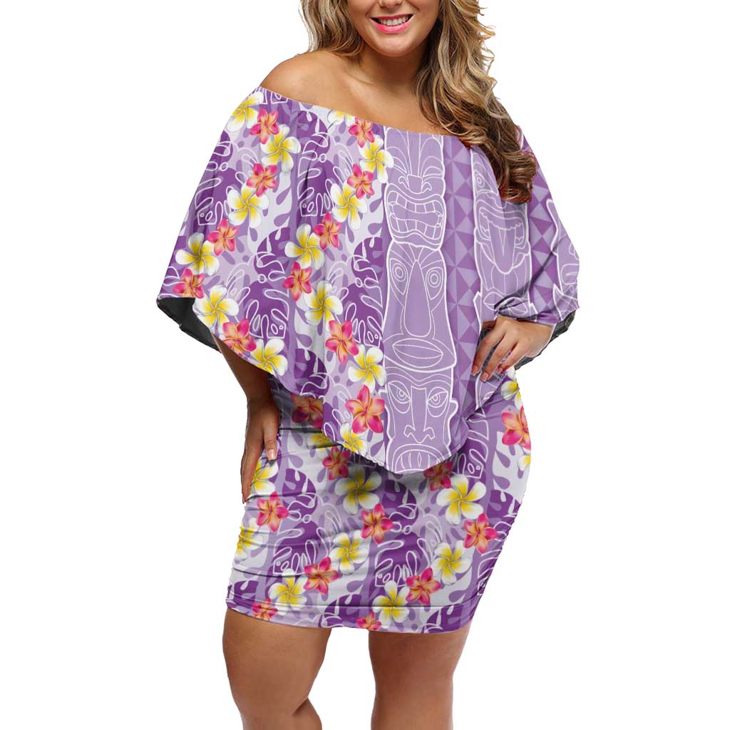 Lush Lilac Aloha Hawaii Tiki Off Shoulder Short Dress Tropical Plumeria - Seamless Style