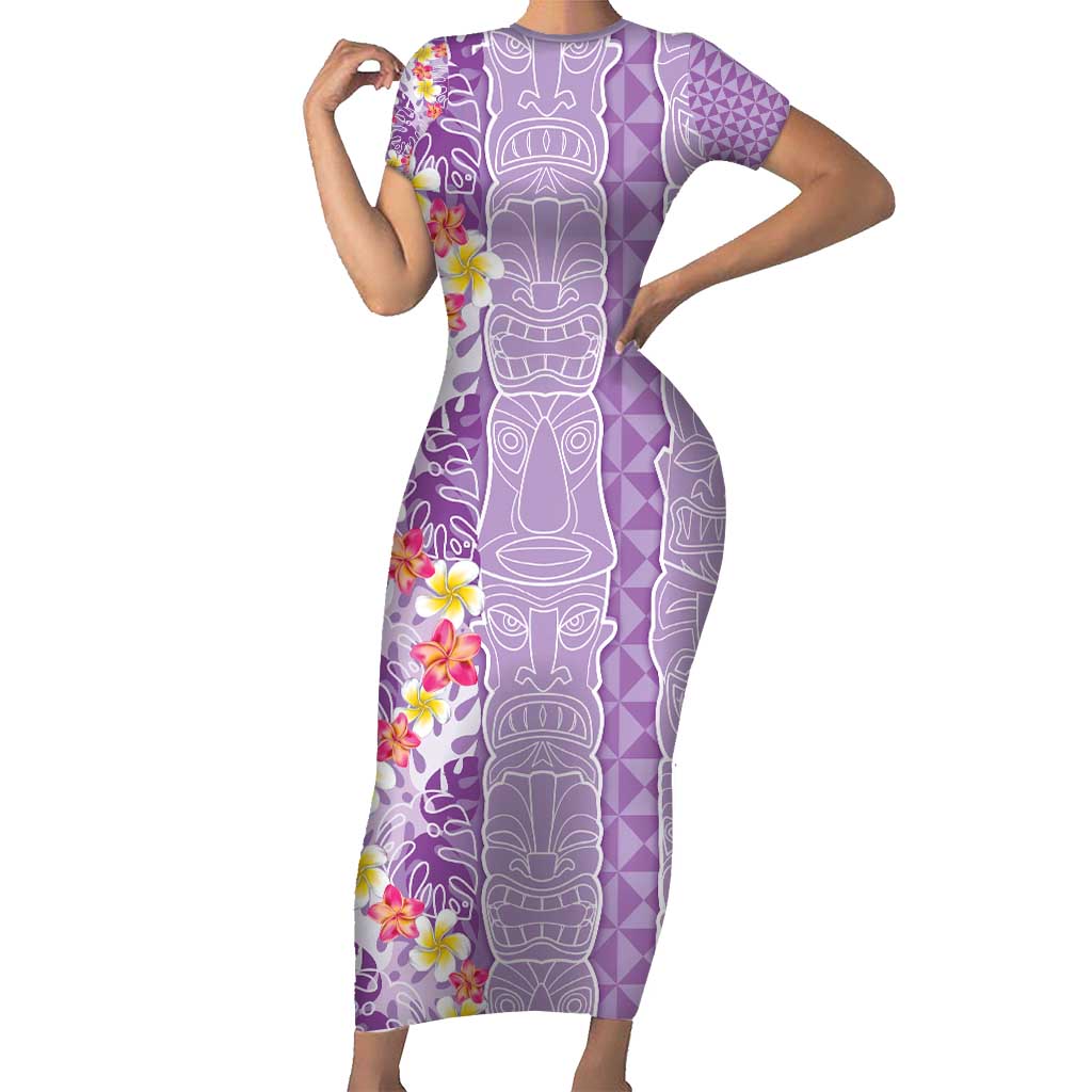 Lush Lilac Aloha Hawaii Tiki Short Sleeve Bodycon Dress Tropical Plumeria - Seamless Style