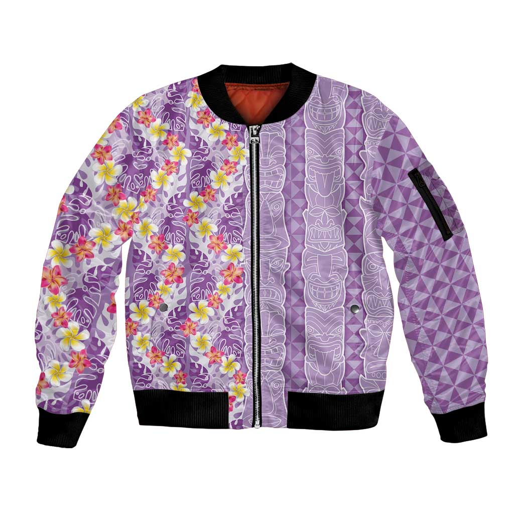 Lush Lilac Aloha Hawaii Tiki Sleeve Zip Bomber Jacket Tropical Plumeria - Seamless Style