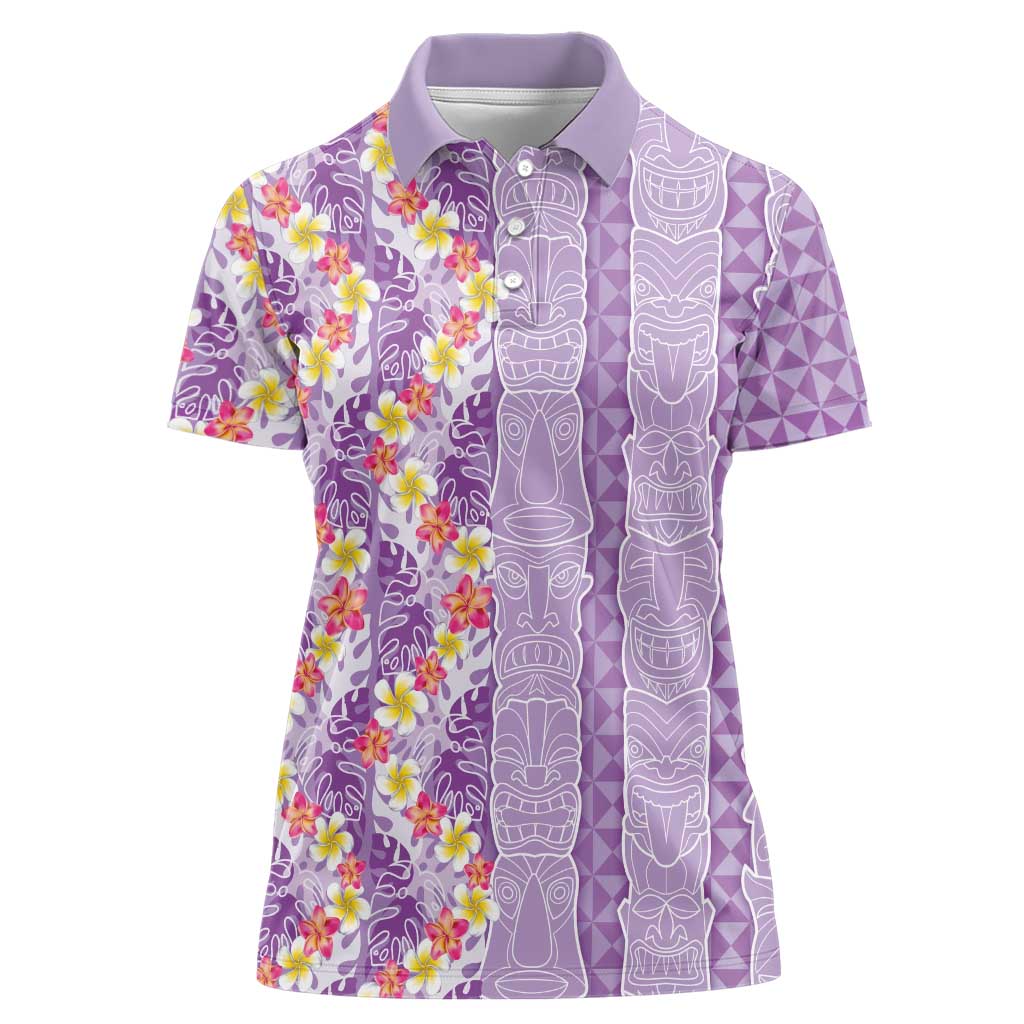 Lush Lilac Aloha Hawaii Tiki Women Polo Shirt Tropical Plumeria - Seamless Style