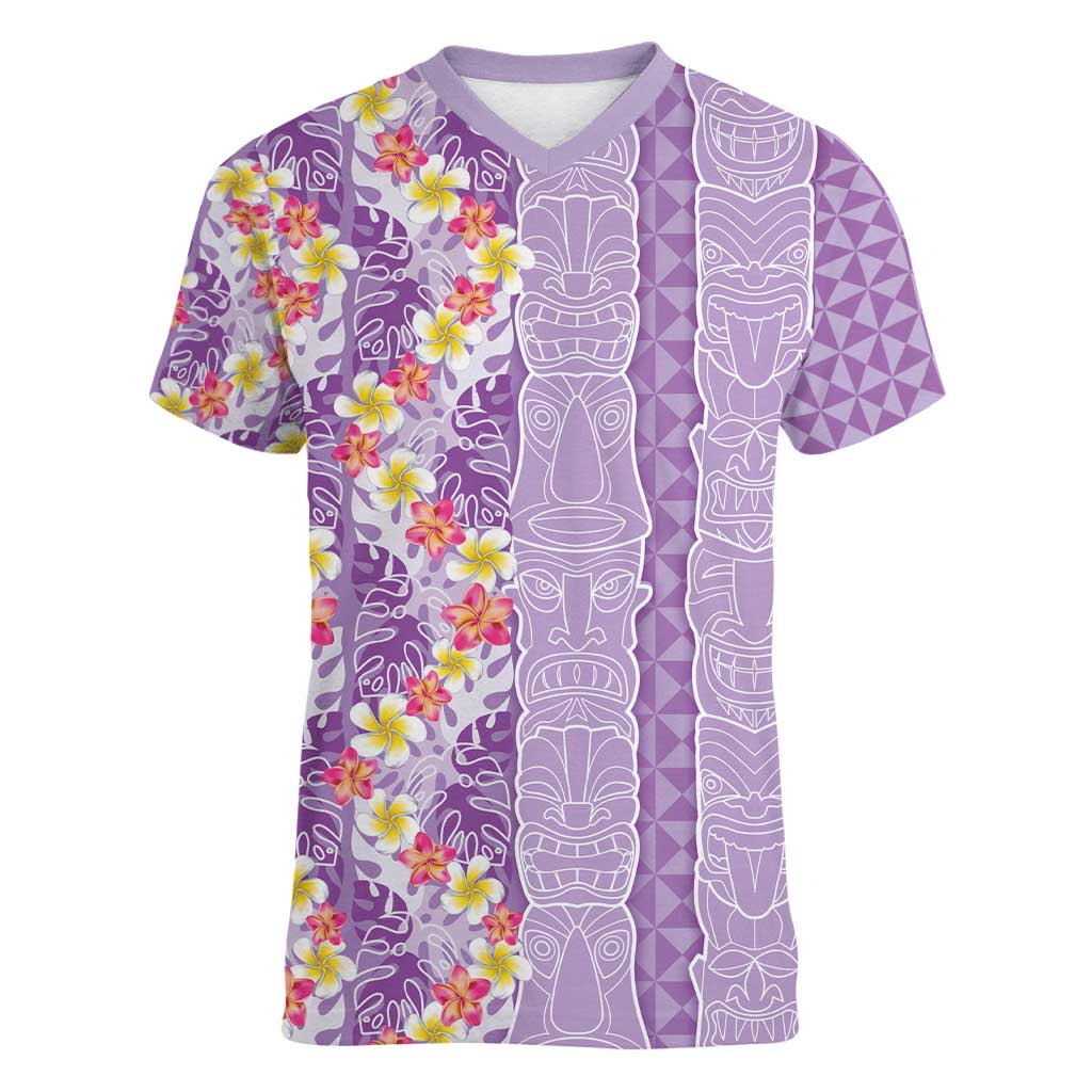 Lush Lilac Aloha Hawaii Tiki Women V-Neck T-Shirt Tropical Plumeria - Seamless Style