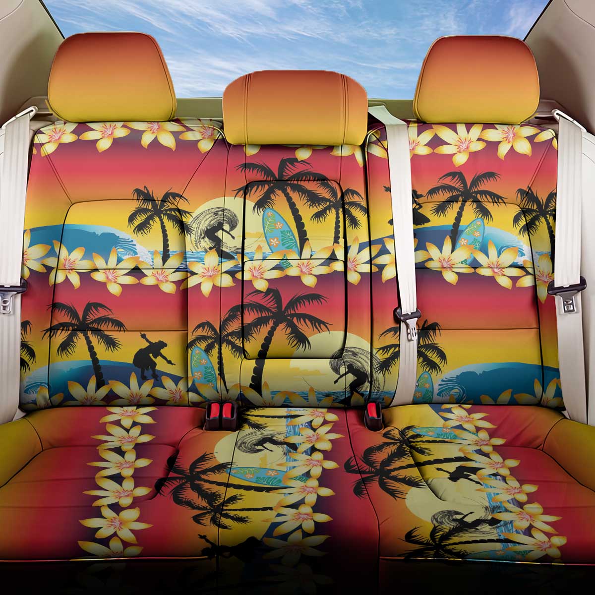 Tropical Islands Sunset Hawaii Back Car Seat Cover Go Surfing With Hula Girl - Summer Vibes