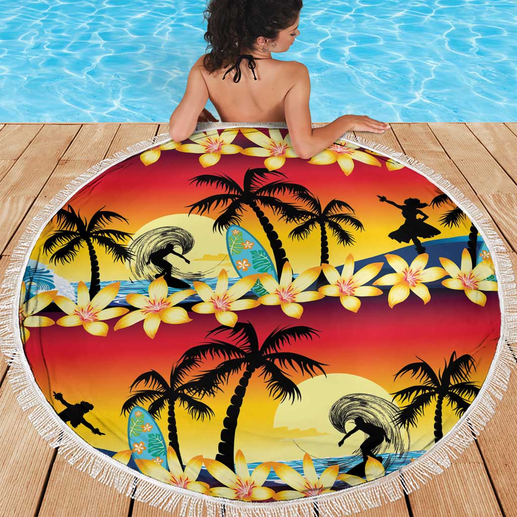 Tropical Islands Sunset Hawaii Beach Blanket Go Surfing With Hula Girl - Summer Vibes