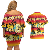 Tropical Islands Sunset Hawaii Couples Matching Off Shoulder Short Dress and Hawaiian Shirt Go Surfing With Hula Girl - Summer Vibes