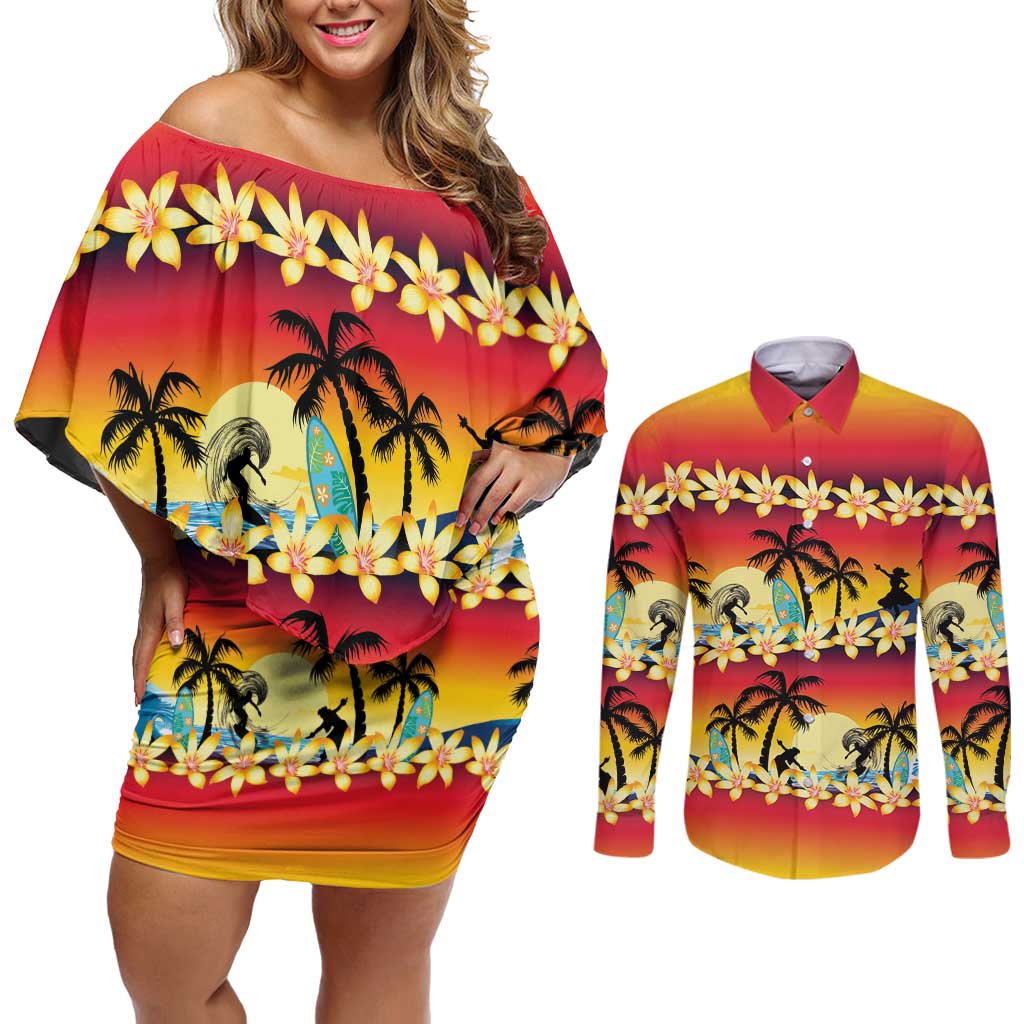 Tropical Islands Sunset Hawaii Couples Matching Off Shoulder Short Dress and Long Sleeve Button Shirt Go Surfing With Hula Girl - Summer Vibes