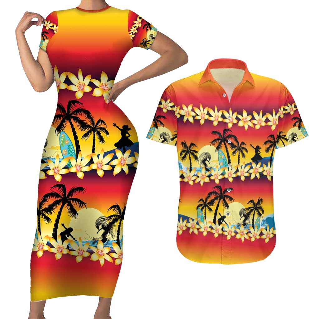 Tropical Islands Sunset Hawaii Couples Matching Short Sleeve Bodycon Dress and Hawaiian Shirt Go Surfing With Hula Girl - Summer Vibes