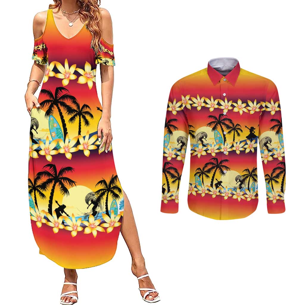 Tropical Islands Sunset Hawaii Couples Matching Summer Maxi Dress and Long Sleeve Button Shirt Go Surfing With Hula Girl - Summer Vibes