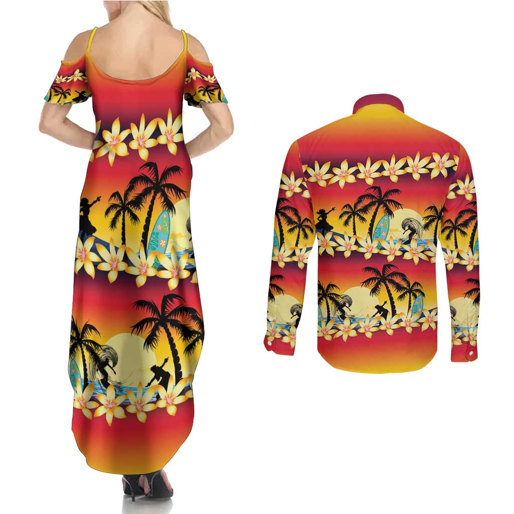 Tropical Islands Sunset Hawaii Couples Matching Summer Maxi Dress and Long Sleeve Button Shirt Go Surfing With Hula Girl - Summer Vibes