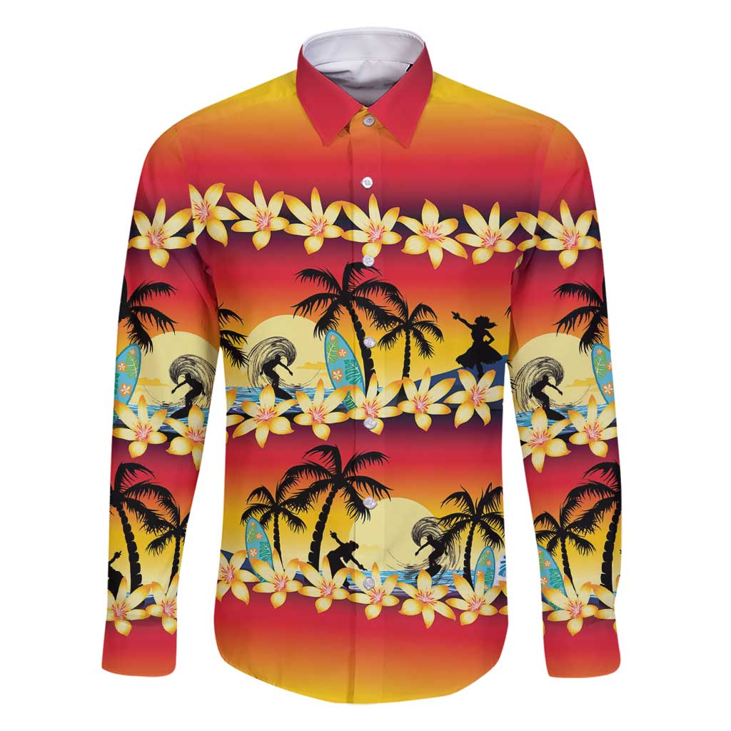 Tropical Islands Sunset Hawaii Family Matching Long Sleeve Bodycon Dress and Hawaiian Shirt Go Surfing With Hula Girl - Summer Vibes