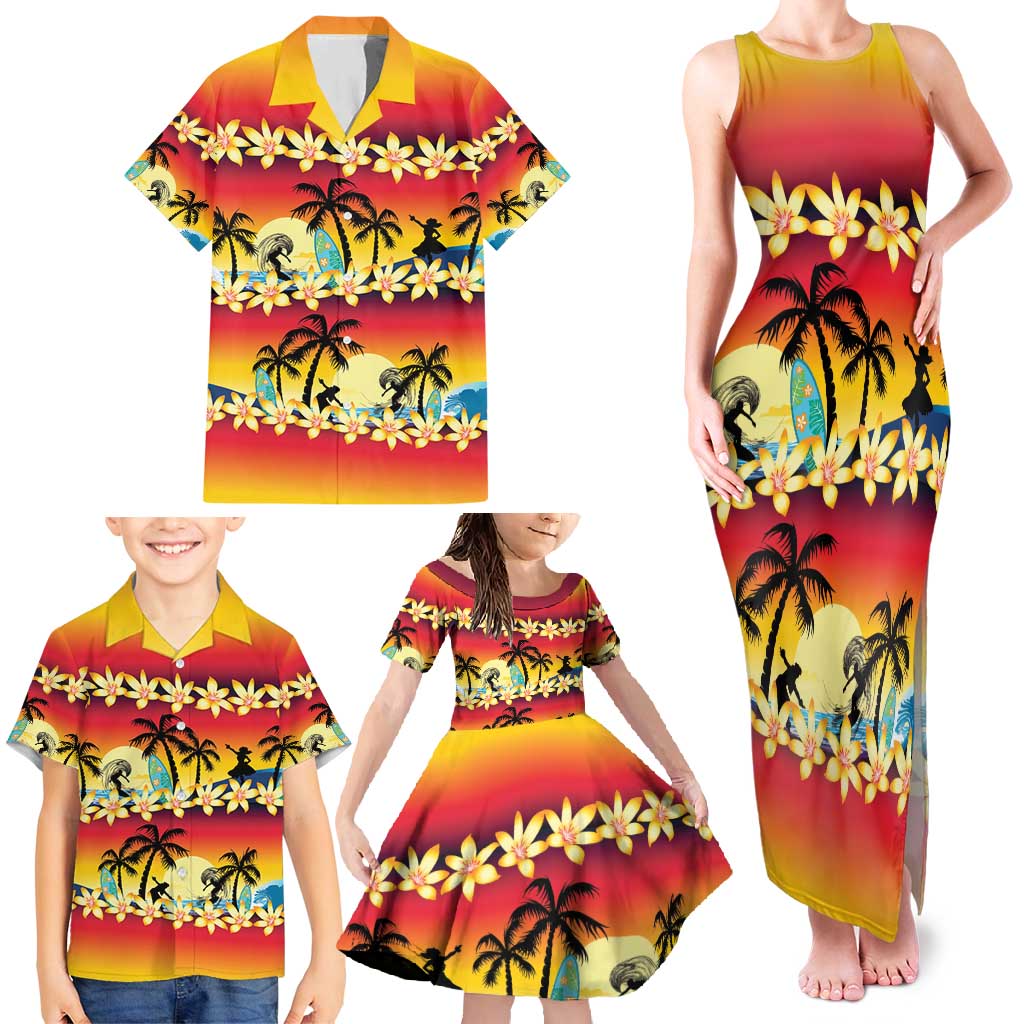 Tropical Islands Sunset Hawaii Family Matching Tank Maxi Dress and Hawaiian Shirt Go Surfing With Hula Girl - Summer Vibes