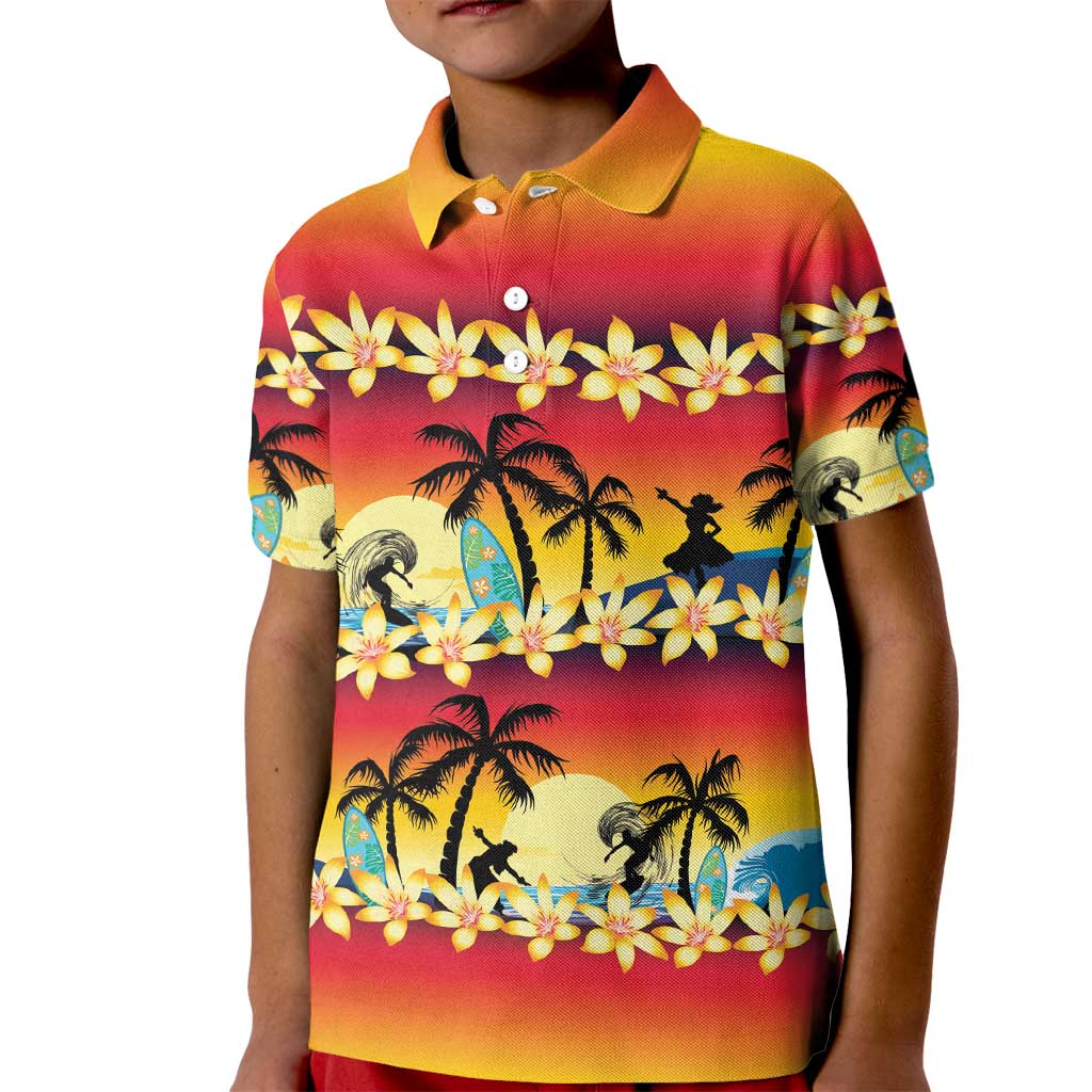 Tropical Islands Sunset Hawaii Kid Polo Shirt Go Surfing With Hula Girl - Summer Vibes