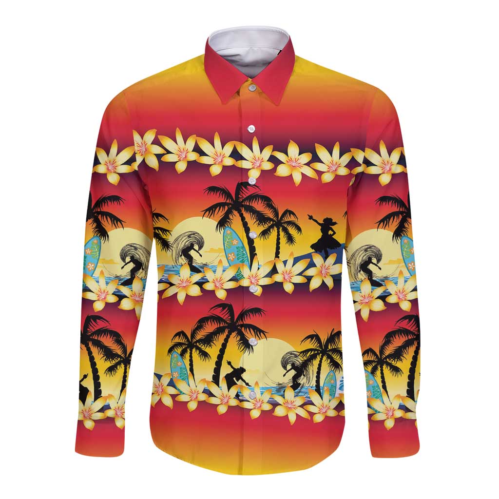 Tropical Islands Sunset Hawaii Long Sleeve Button Shirt Go Surfing With Hula Girl - Summer Vibes