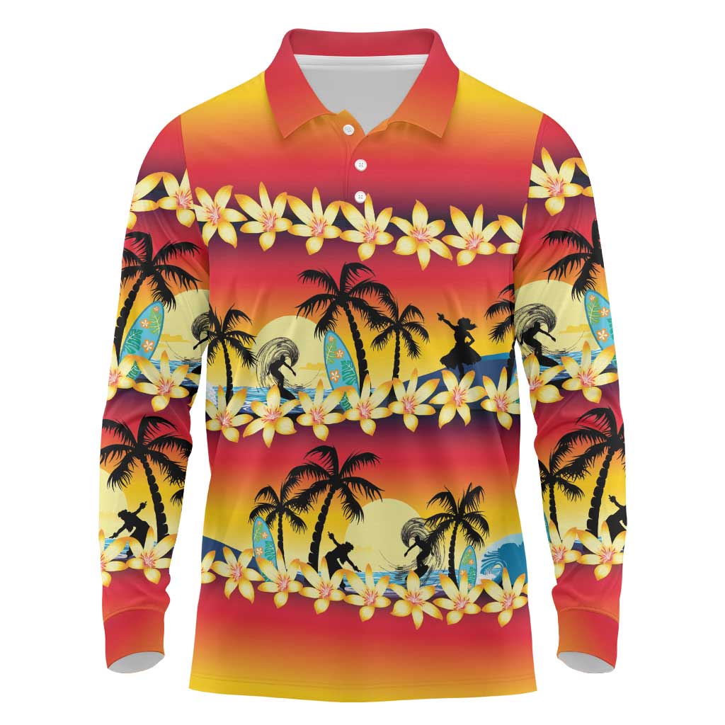 Tropical Islands Sunset Hawaii Long Sleeve Polo Shirt Go Surfing With Hula Girl - Summer Vibes