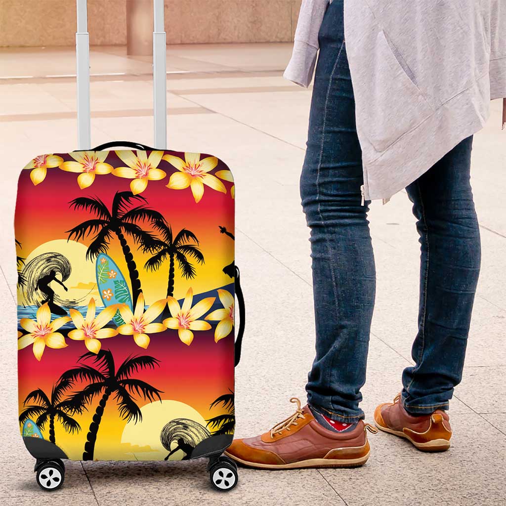 Tropical Islands Sunset Hawaii Luggage Cover Go Surfing With Hula Girl - Summer Vibes