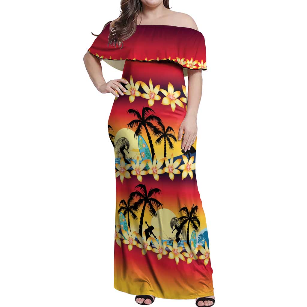 Tropical Islands Sunset Hawaii Off Shoulder Maxi Dress Go Surfing With Hula Girl - Summer Vibes