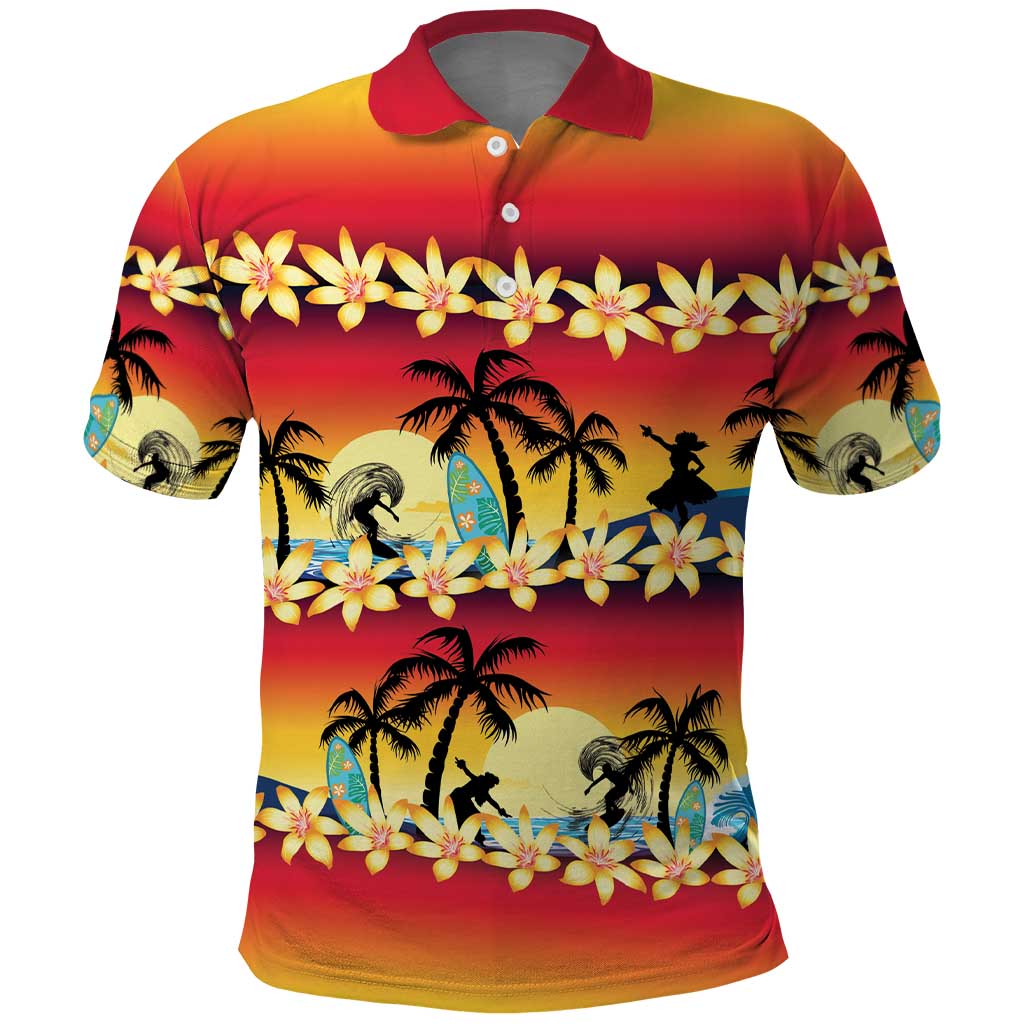 Tropical Islands Sunset Hawaii Polo Shirt Go Surfing With Hula Girl - Summer Vibes