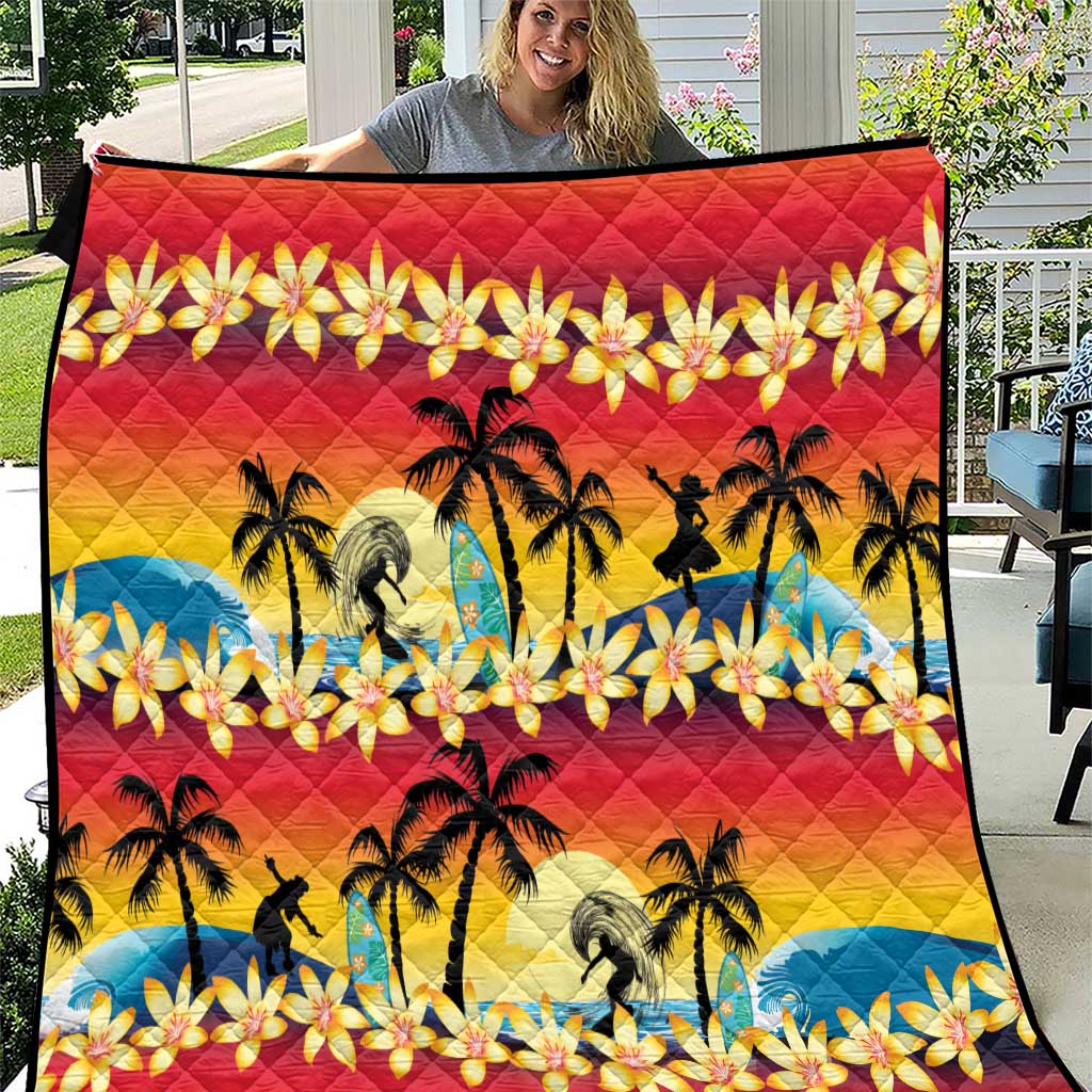 Tropical Islands Sunset Hawaii Quilt Go Surfing With Hula Girl - Summer Vibes