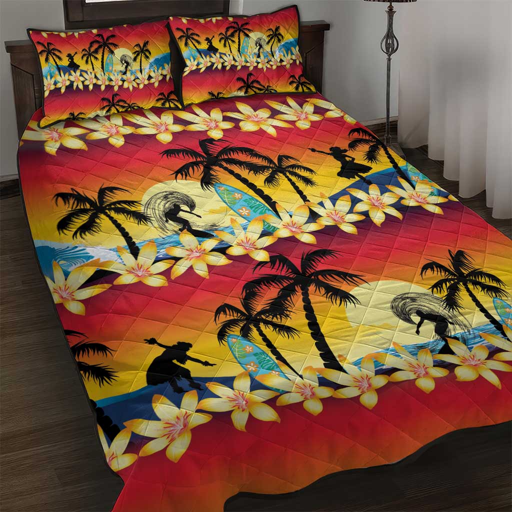 Tropical Islands Sunset Hawaii Quilt Bed Set Go Surfing With Hula Girl - Summer Vibes