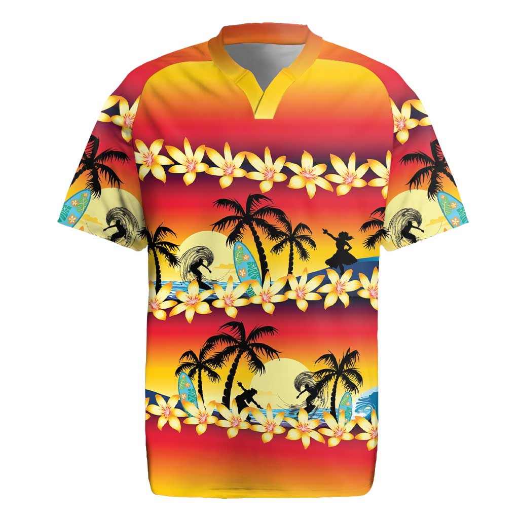 Tropical Islands Sunset Hawaii Rugby Jersey Go Surfing With Hula Girl - Summer Vibes