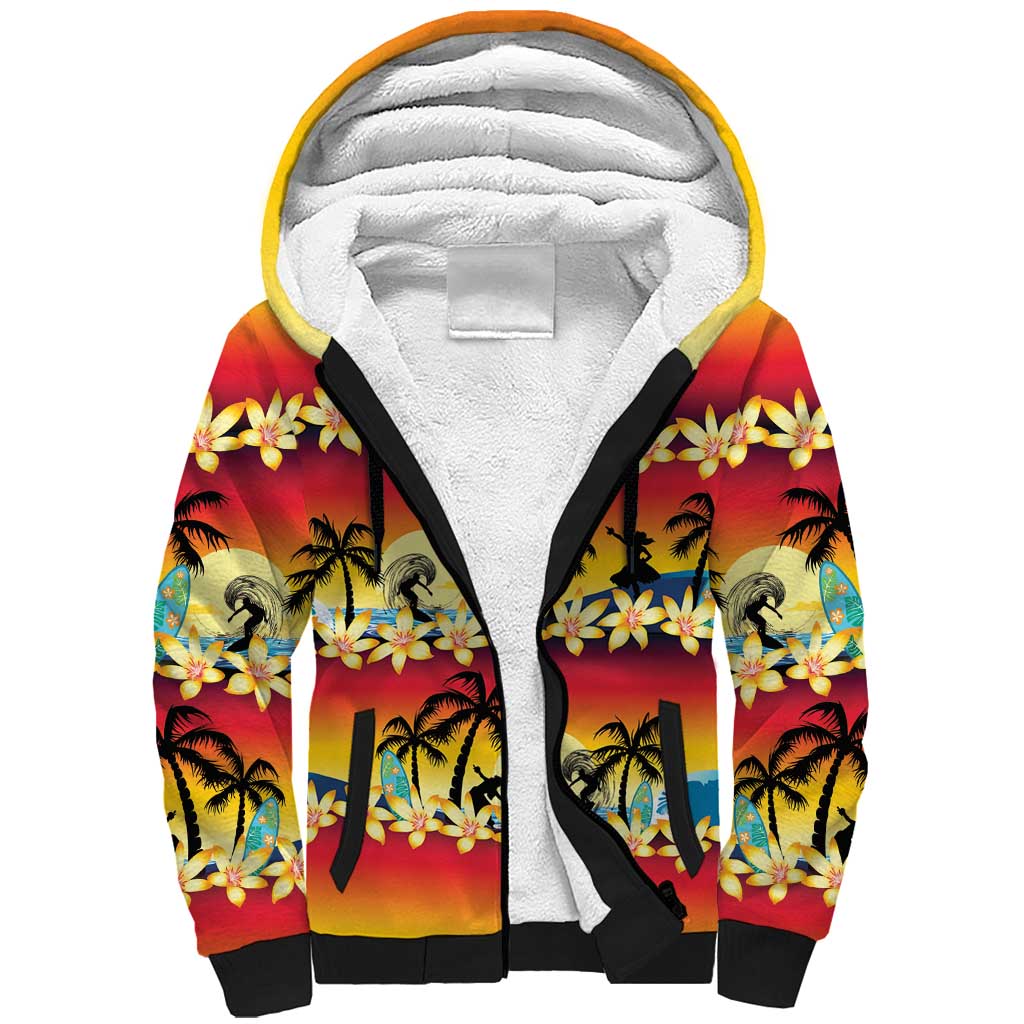 Tropical Islands Sunset Hawaii Sherpa Hoodie Go Surfing With Hula Girl - Summer Vibes