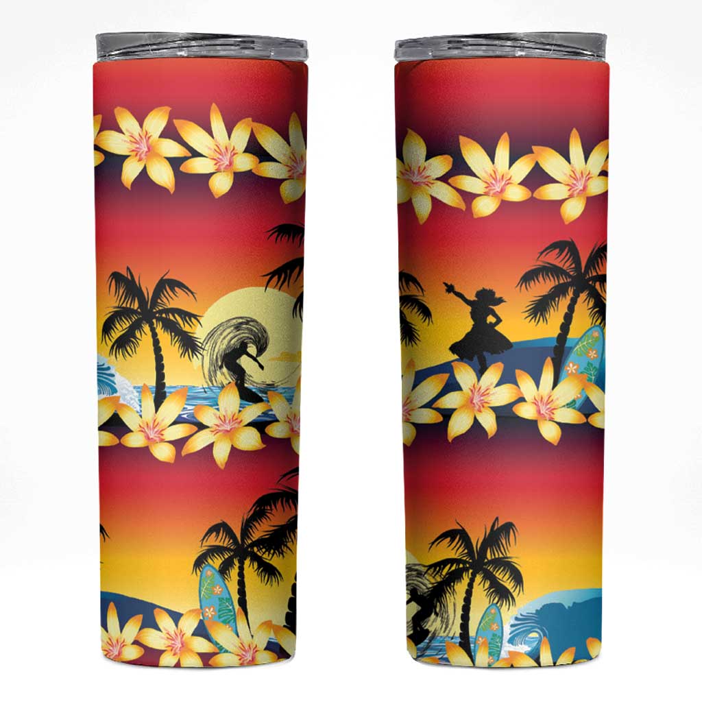 Tropical Islands Sunset Hawaii Skinny Tumbler Go Surfing With Hula Girl - Summer Vibes