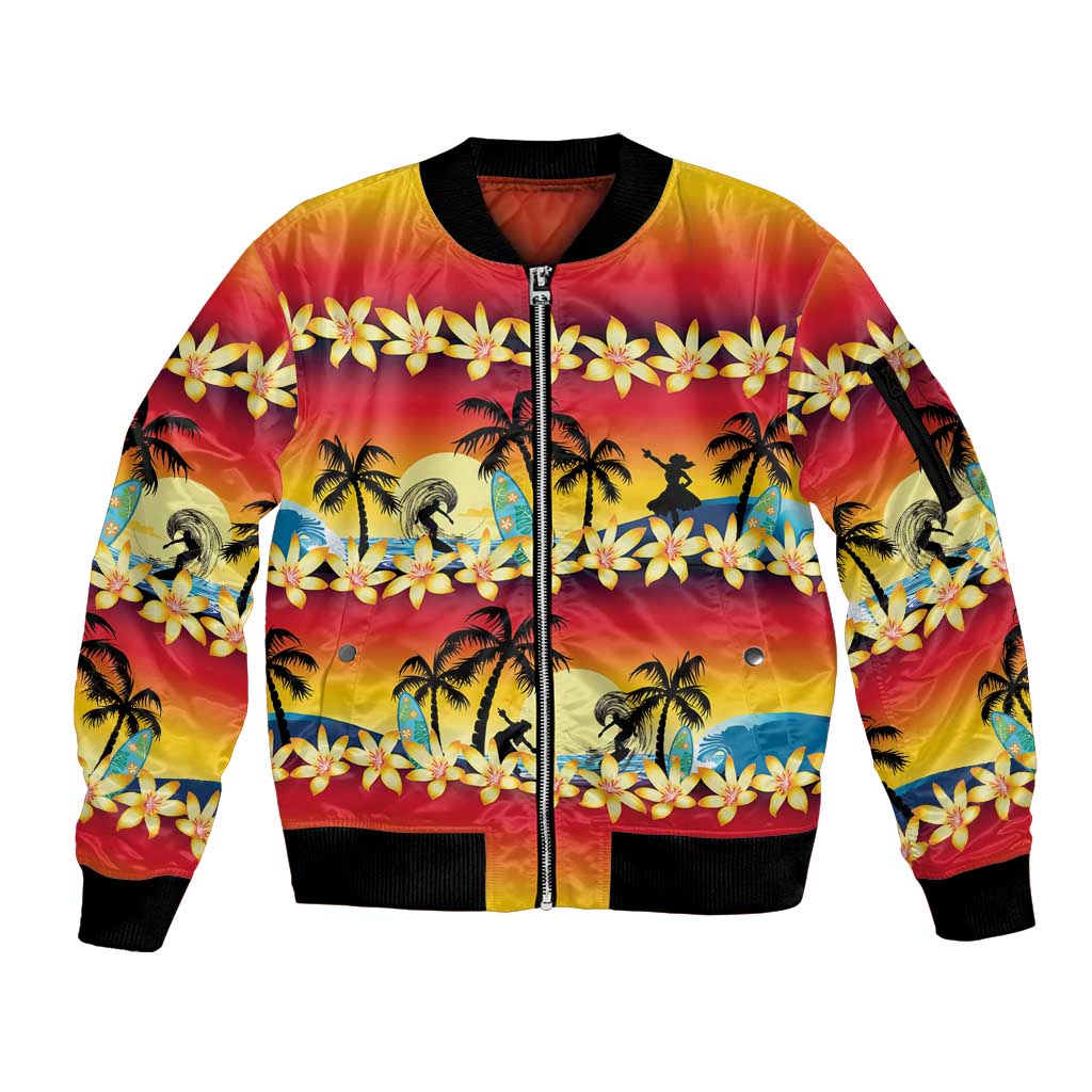 Tropical Islands Sunset Hawaii Sleeve Zip Bomber Jacket Go Surfing With Hula Girl - Summer Vibes