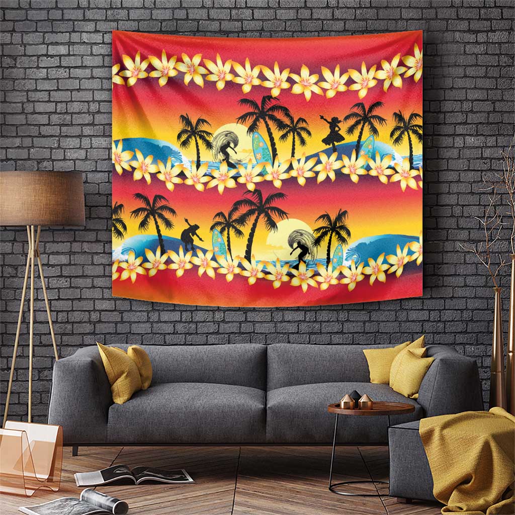 Tropical Islands Sunset Hawaii Tapestry Go Surfing With Hula Girl - Summer Vibes