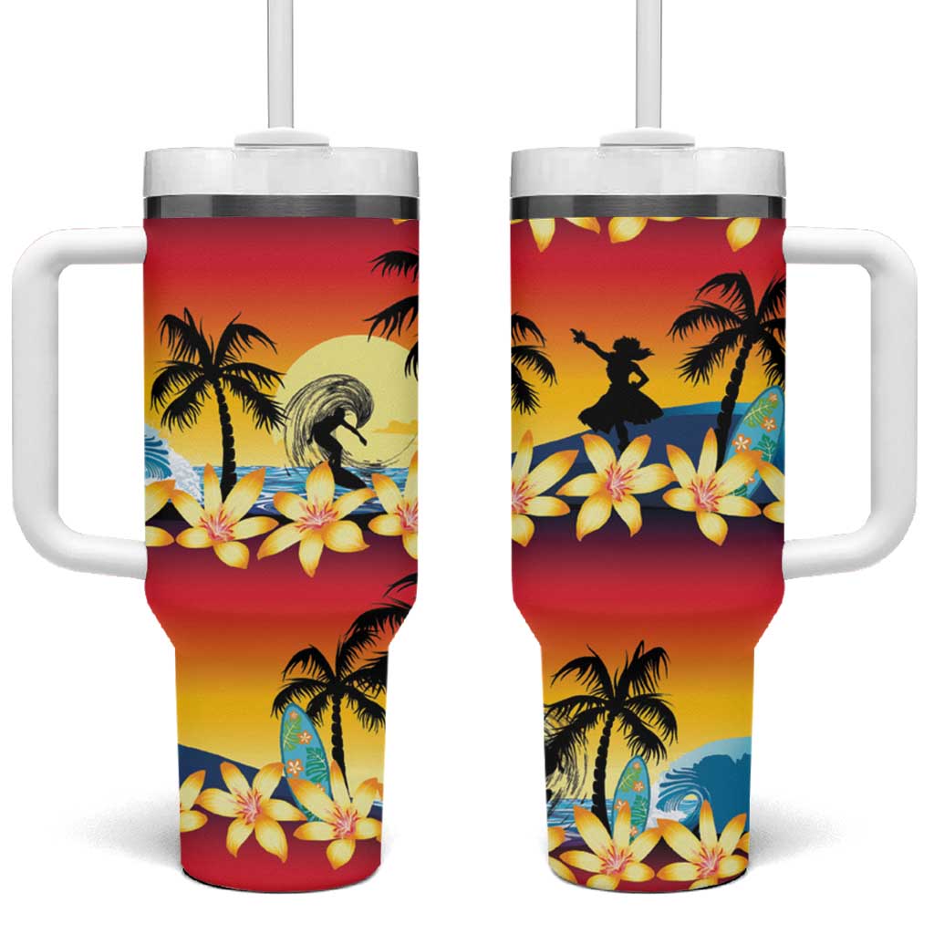 Tropical Islands Sunset Hawaii Tumbler With Handle Go Surfing With Hula Girl - Summer Vibes