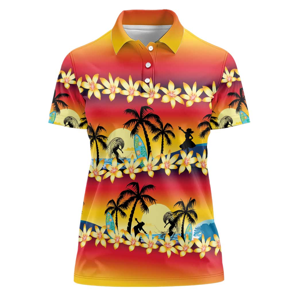 Tropical Islands Sunset Hawaii Women Polo Shirt Go Surfing With Hula Girl - Summer Vibes