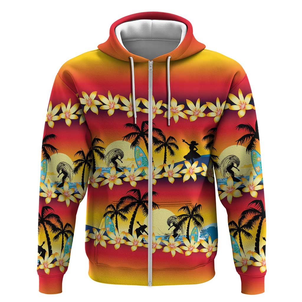 Tropical Islands Sunset Hawaii Zip Hoodie Go Surfing With Hula Girl - Summer Vibes