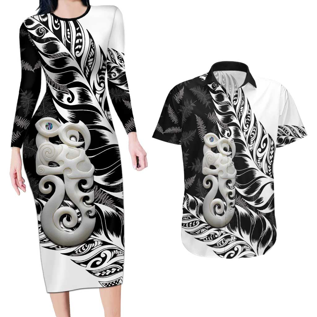 Aotearoa Manaia NZ Maori Silver Fern Couples Matching Long Sleeve Bodycon Dress and Hawaiian Shirt