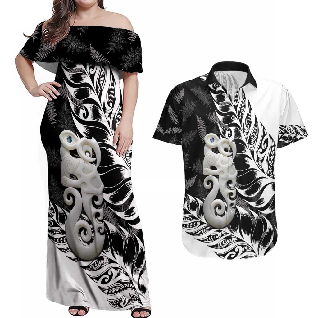 Aotearoa Manaia NZ Maori Silver Fern Couples Matching Off Shoulder Maxi Dress and Hawaiian Shirt