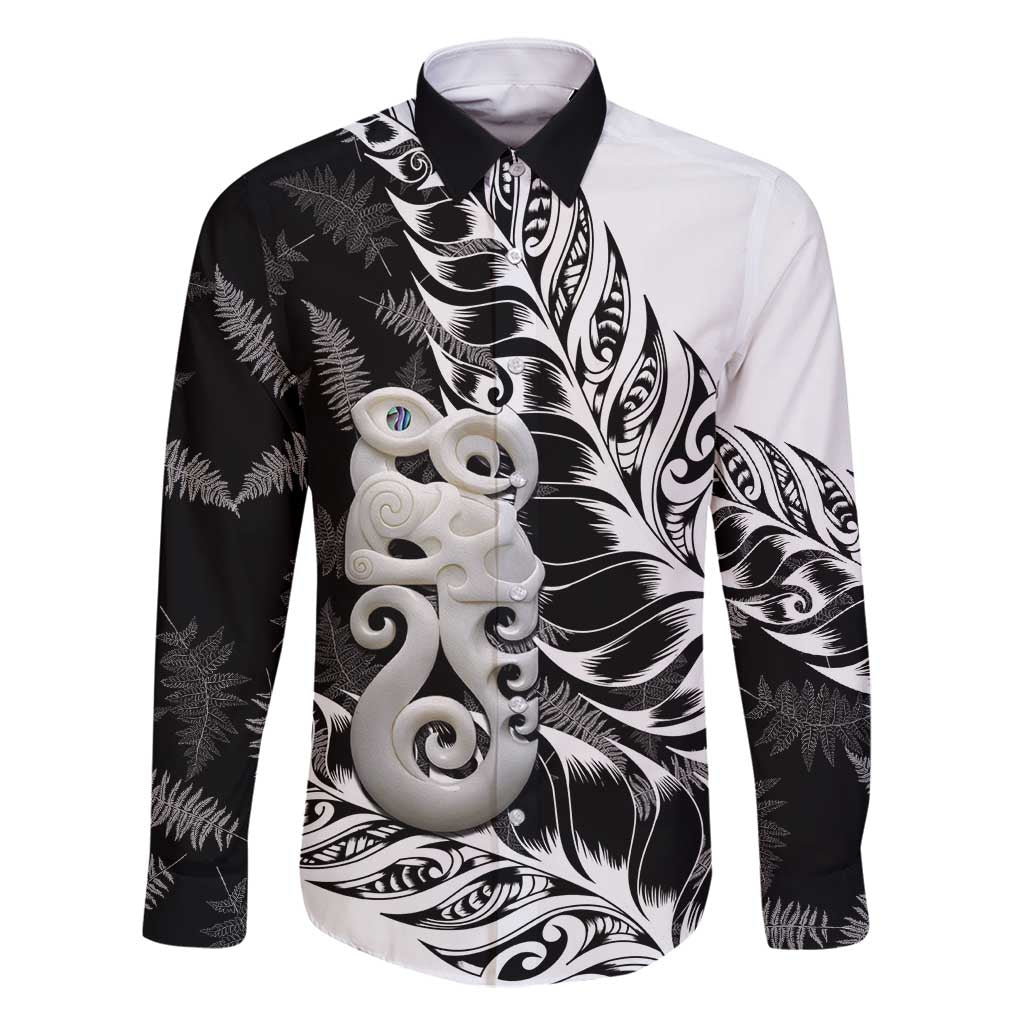 Aotearoa Manaia NZ Maori Silver Fern Family Matching Off Shoulder Maxi Dress and Hawaiian Shirt LT14 Dad's Shirt - Long Sleeve Black - Polynesian Pride