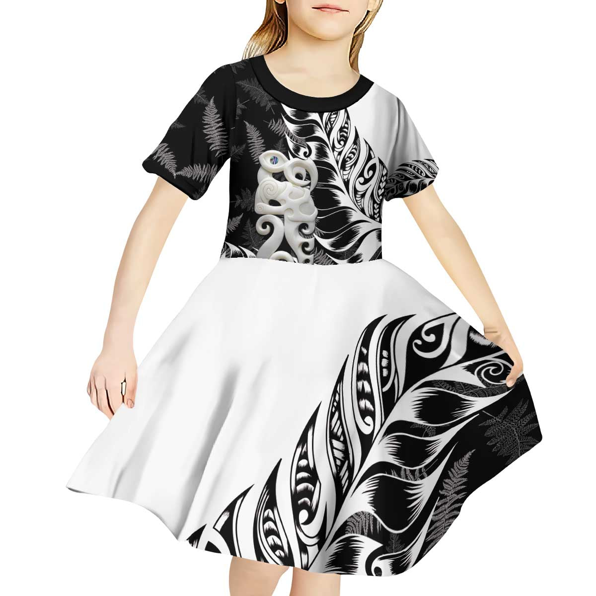 Aotearoa Manaia NZ Maori Silver Fern Kid Short Sleeve Dress