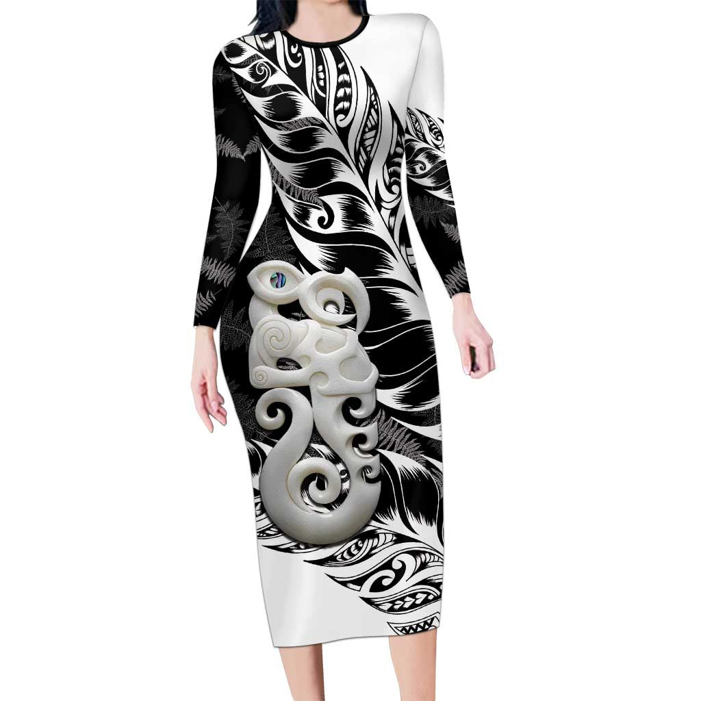 Aotearoa Manaia NZ Maori Silver Fern Long Sleeve Bodycon Dress LT14 Long Dress Black - Polynesian Pride
