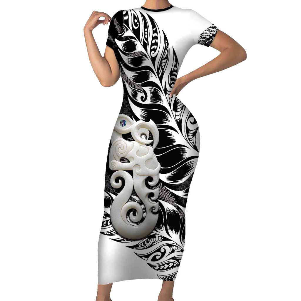 Aotearoa Manaia NZ Maori Silver Fern Short Sleeve Bodycon Dress LT14 Long Dress Black - Polynesian Pride