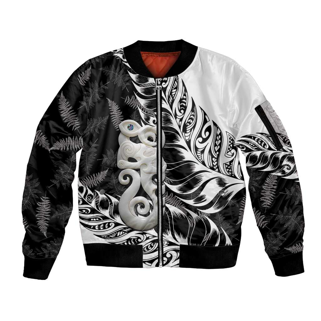 Aotearoa Manaia NZ Maori Silver Fern Sleeve Zip Bomber Jacket LT14 Unisex Black - Polynesian Pride