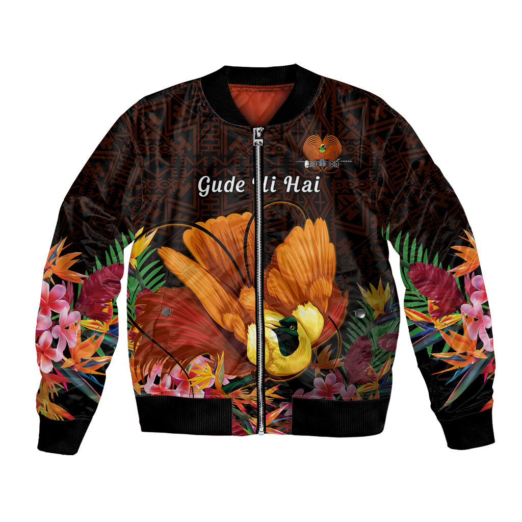 Gude Hi Hai Papua New Guinea Bomber Jacket Motuan PNG Raggiana Bird of Paradise Tropical Vibes LT14 Unisex Black - Polynesian Pride