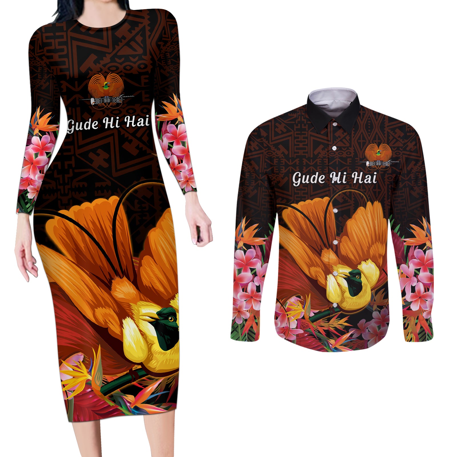 Gude Hi Hai Papua New Guinea Couples Matching Long Sleeve Bodycon Dress and Long Sleeve Button Shirt Motuan PNG Raggiana Bird of Paradise Tropical Vibes LT14 Black - Polynesian Pride