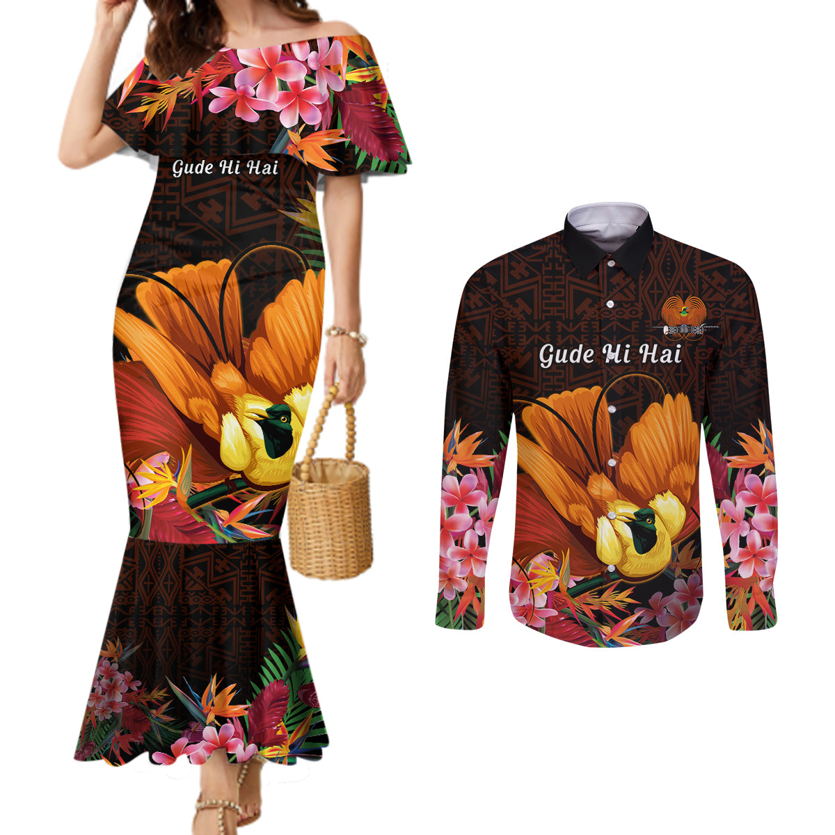 Gude Hi Hai Papua New Guinea Couples Matching Mermaid Dress and Long Sleeve Button Shirt Motuan PNG Raggiana Bird of Paradise Tropical Vibes LT14 Black - Polynesian Pride