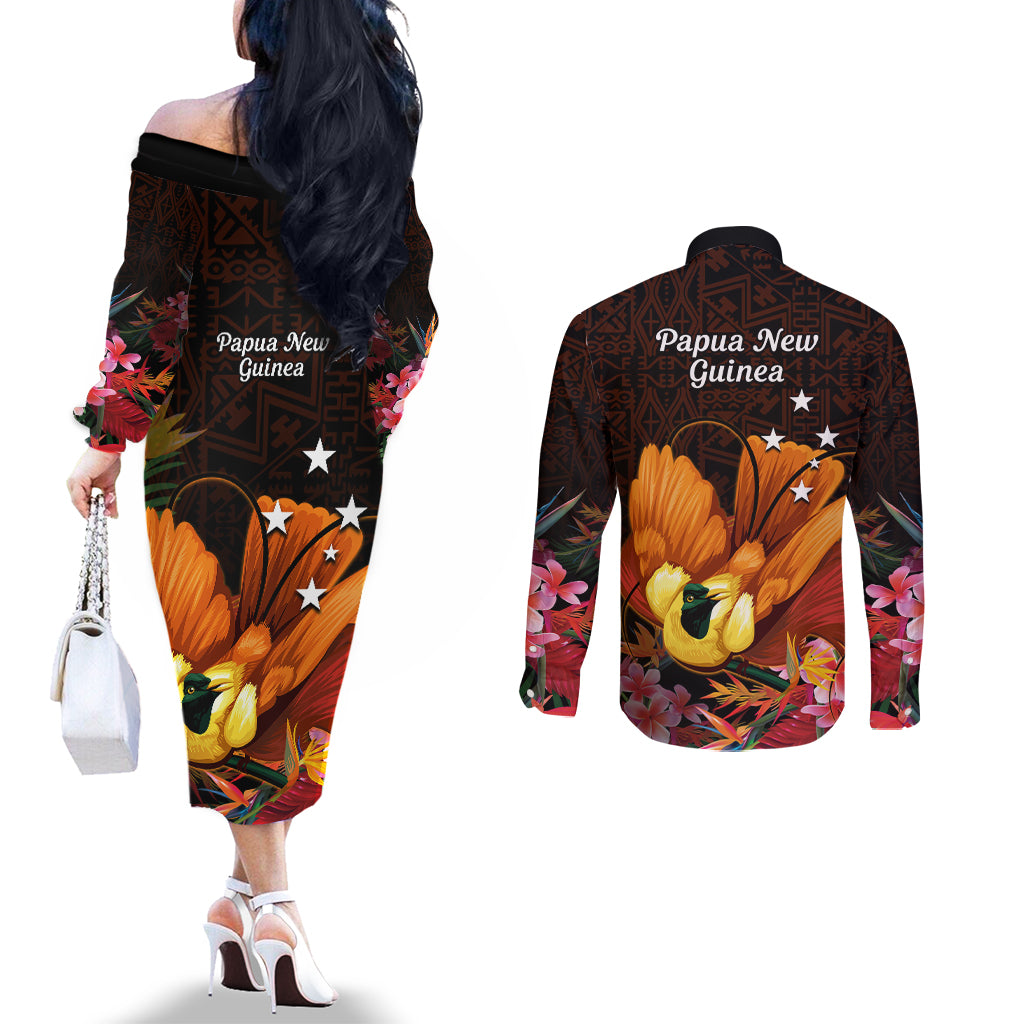 Gude Hi Hai Papua New Guinea Couples Matching Off The Shoulder Long Sleeve Dress and Long Sleeve Button Shirt Motuan PNG Raggiana Bird of Paradise Tropical Vibes LT14 - Polynesian Pride